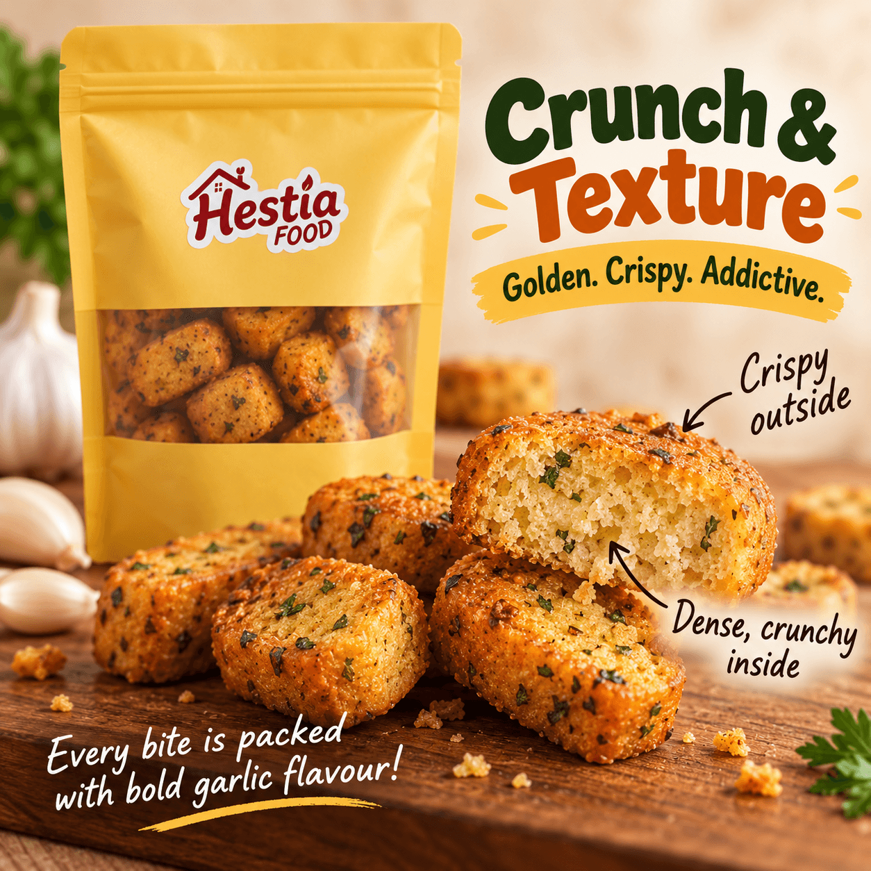 Tekstur rangup Garlic Bites