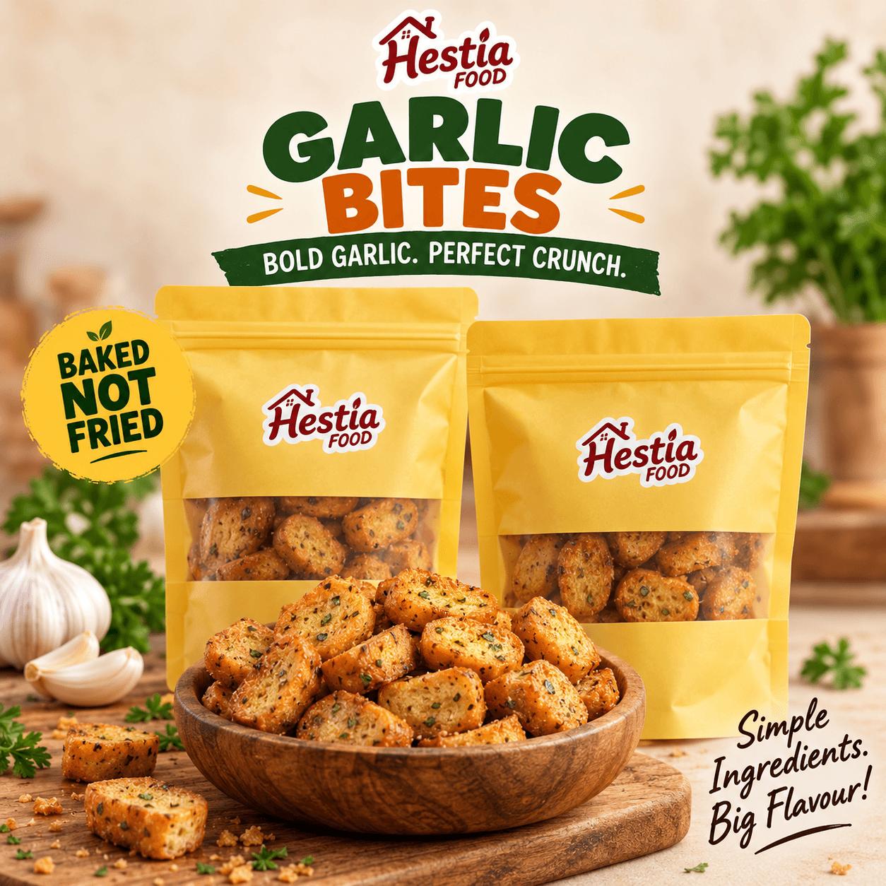Hestia Food Garlic Bites dalam pek kuning