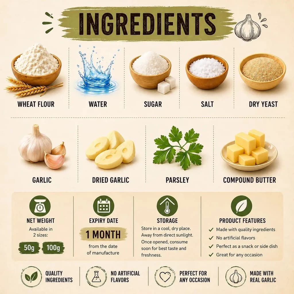Senarai ramuan, saiz pek dan panduan penyimpanan Hestia Food Garlic Bites