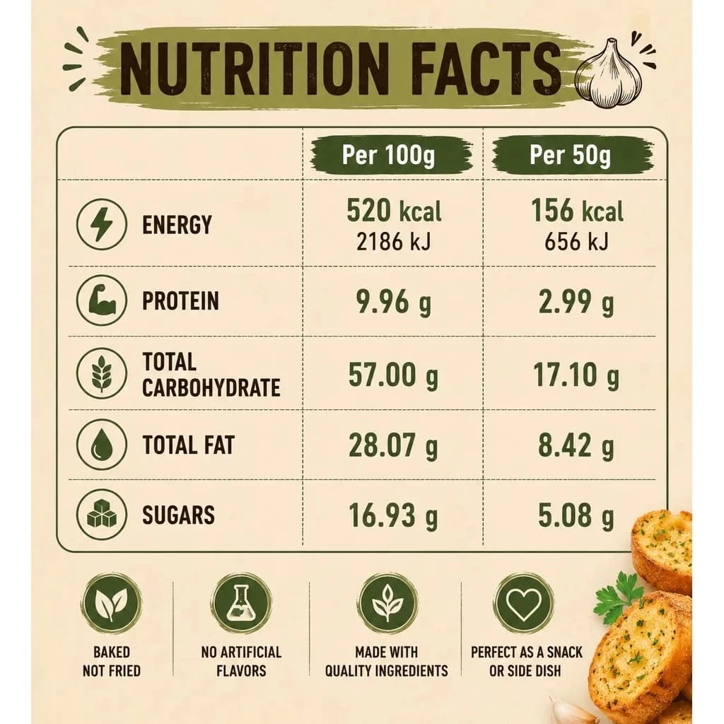 Jadual maklumat nutrisi Garlic Bites yang disediakan oleh Hestia Food