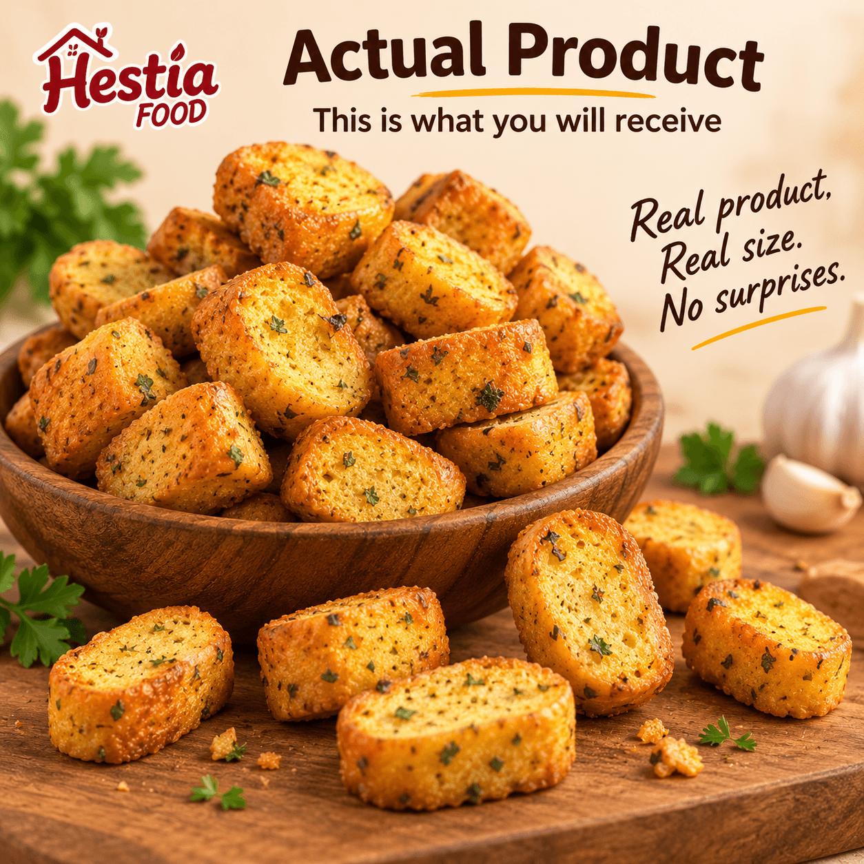Produk Garlic Bites dalam mangkuk