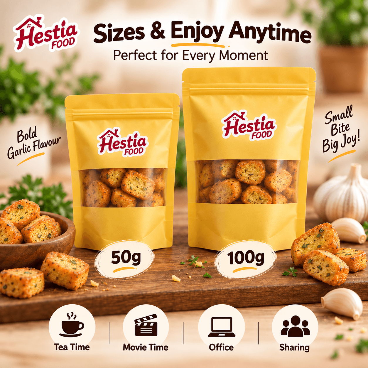 Pilihan pek Garlic Bites 50g dan 100g